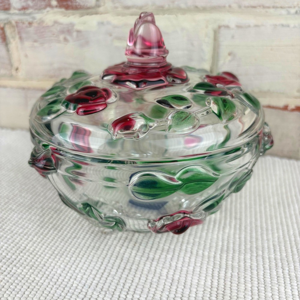 Vintage Mikasa Glass Rose Footed Covered Candy Dish Hand Painted Cottagecore